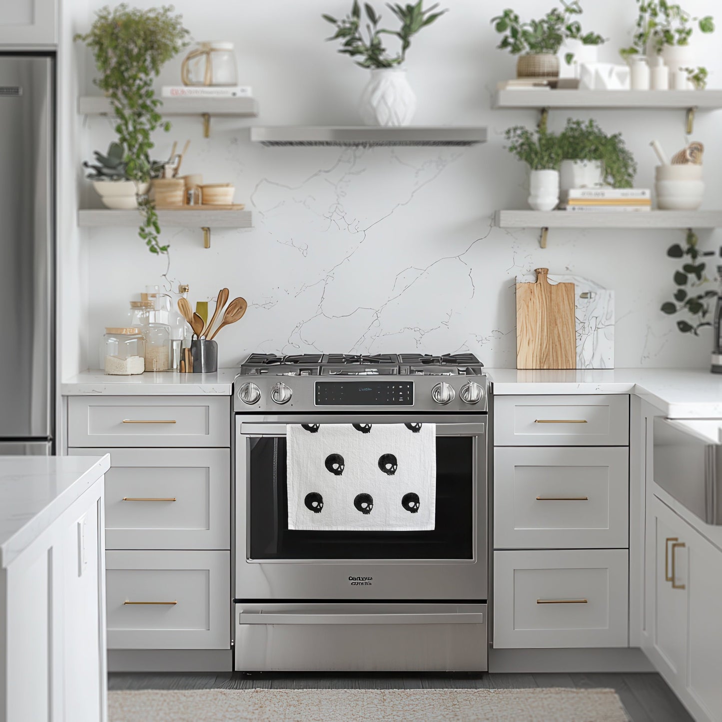 Block-Printed Skulls Flour Sack Kitchen Towel