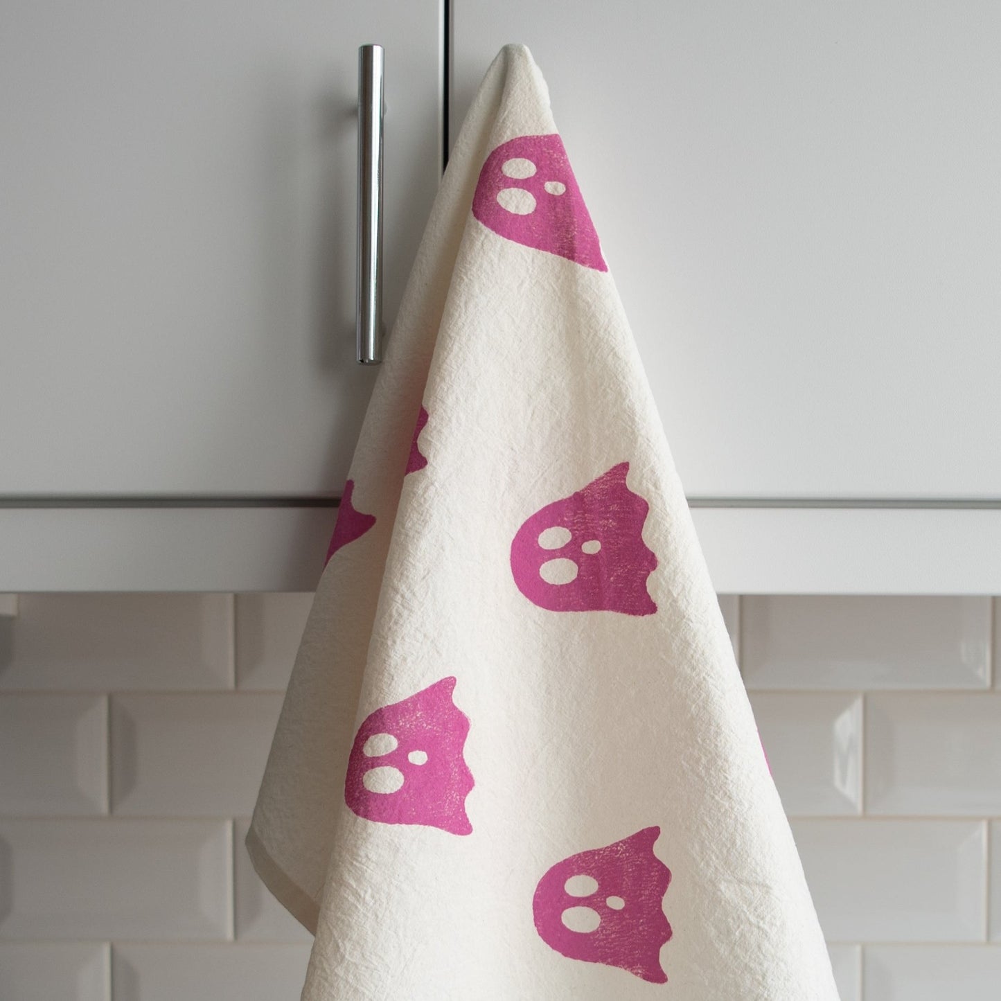 Block-Printed Ghosts Flour Sack Kitchen Towel  - Pink