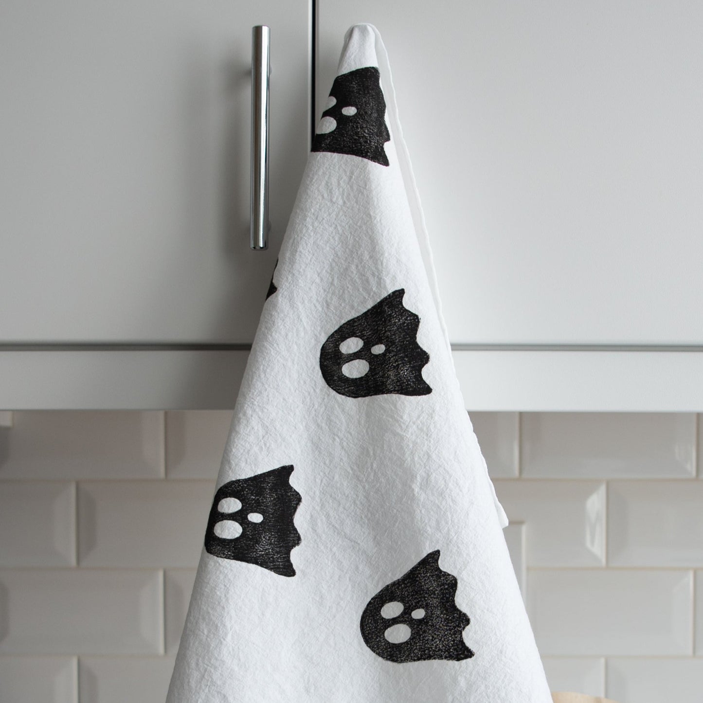 Block-Printed Ghosts Flour Sack Kitchen Towel - Black