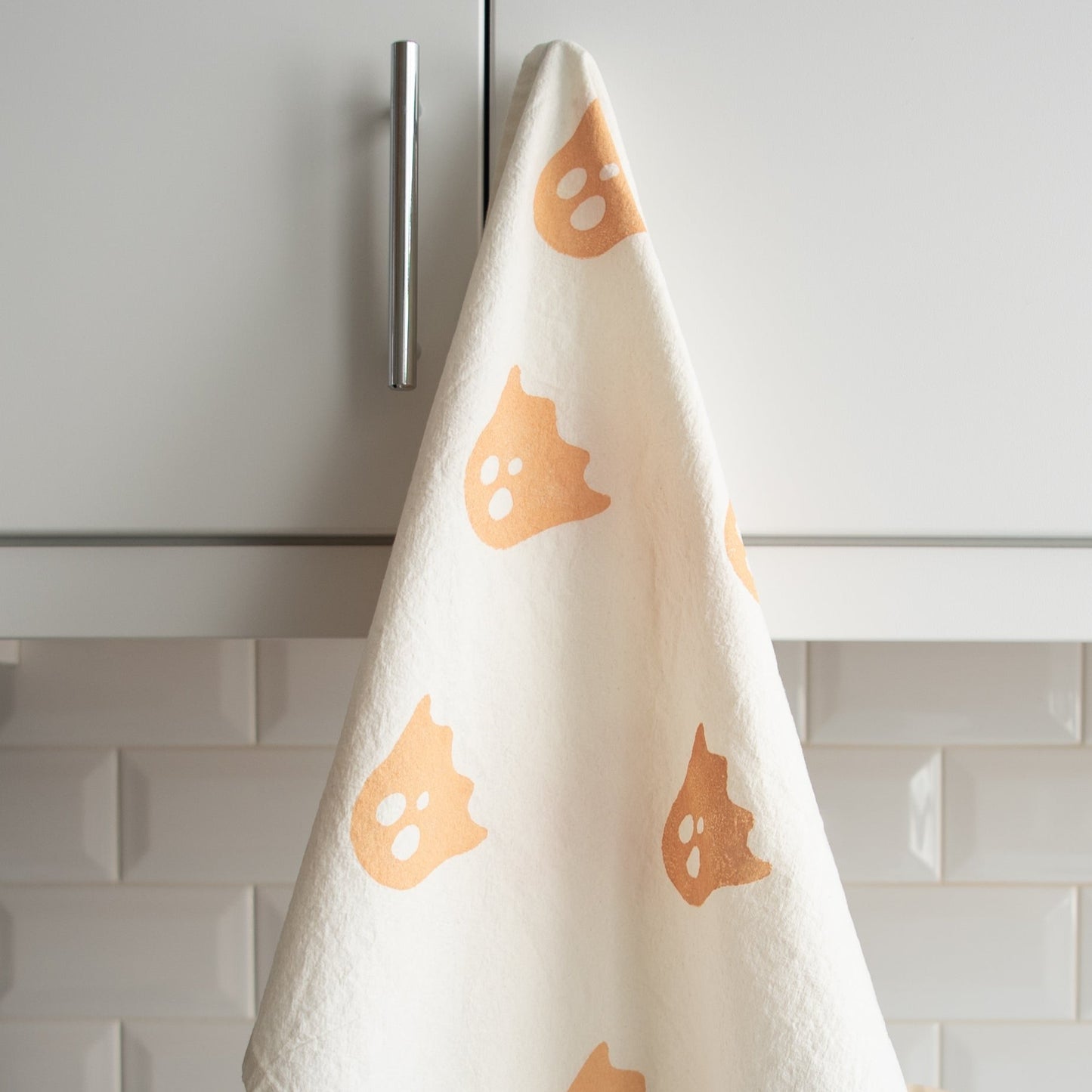 Block-Printed Ghosts Flour Sack Kitchen Towel - Orange