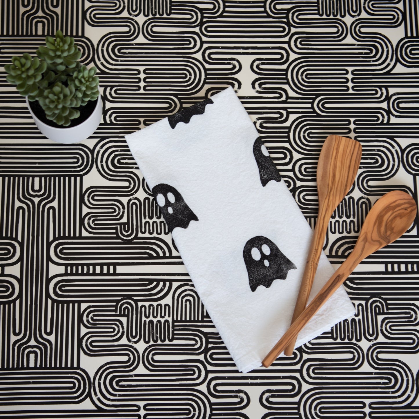 Block-Printed Ghosts Flour Sack Kitchen Towel - Black