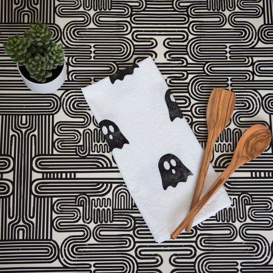 Block-Printed Ghosts Flour Sack Kitchen Towel - Black