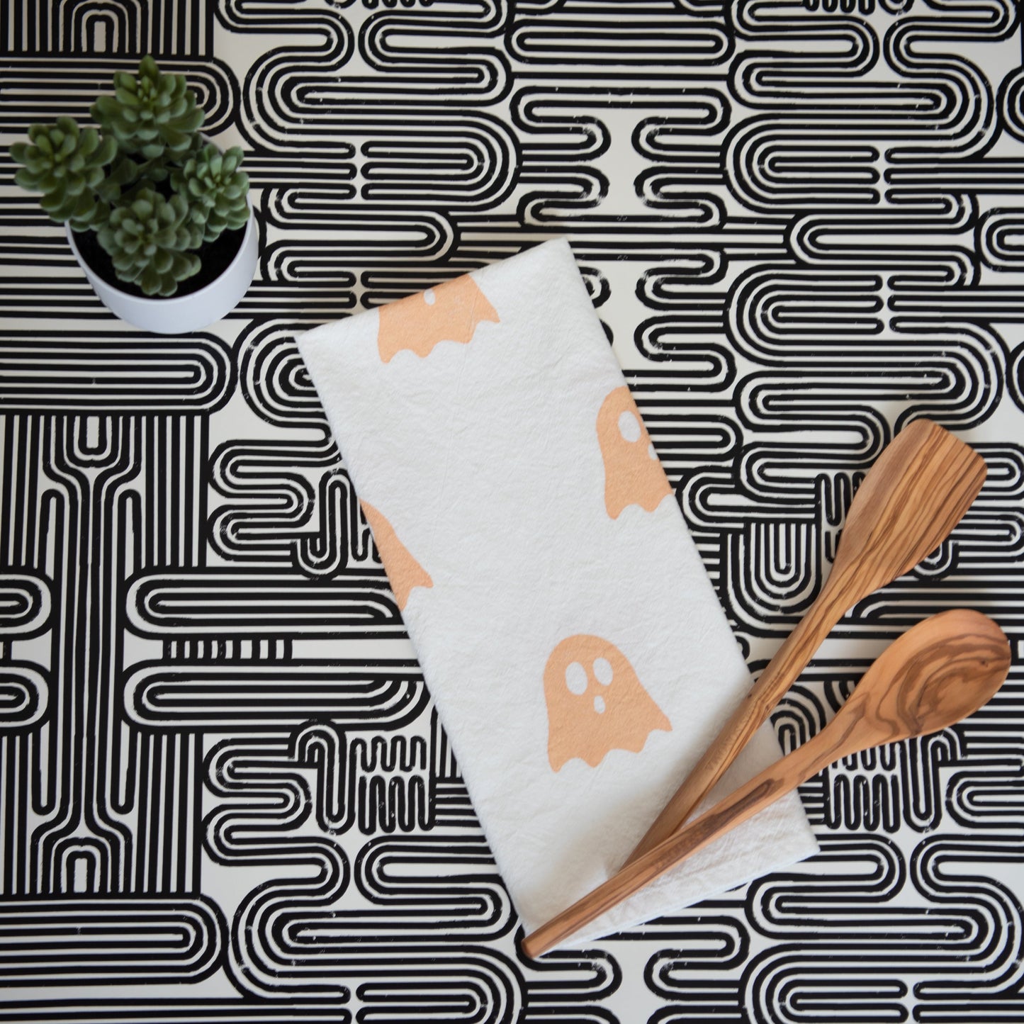 Block-Printed Ghosts Flour Sack Kitchen Towel - Orange