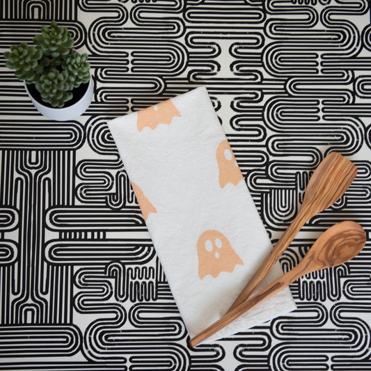 Block-Printed Ghosts Flour Sack Kitchen Towel - Orange