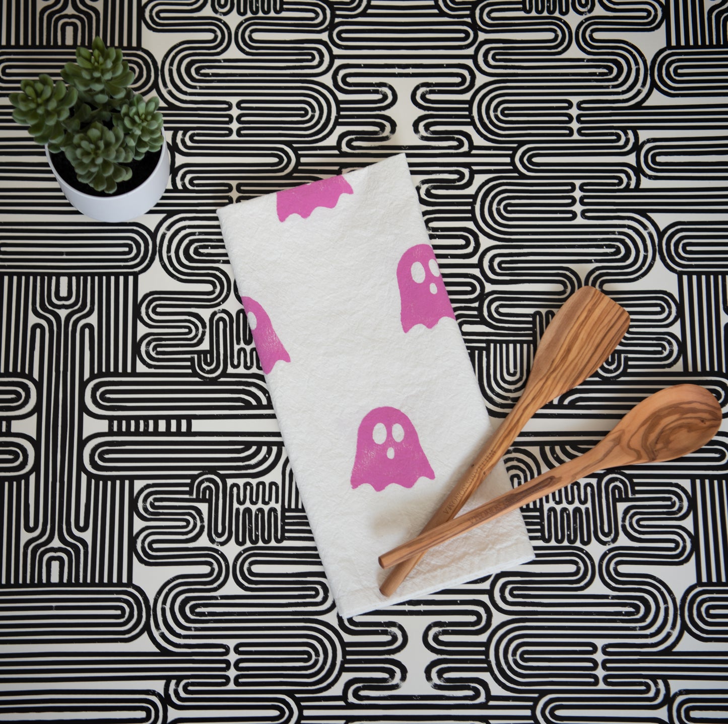 Block-Printed Ghosts Flour Sack Kitchen Towel  - Pink
