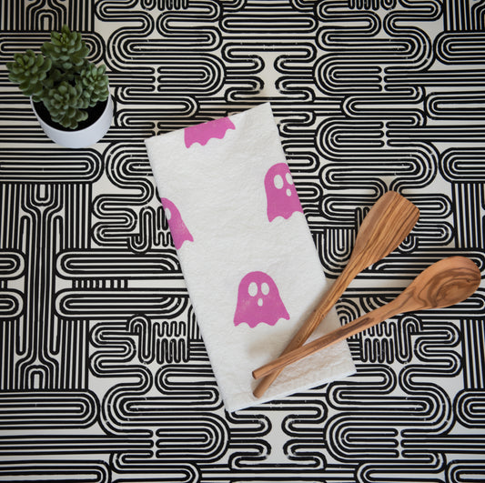 Block-Printed Ghosts Flour Sack Kitchen Towel  - Pink