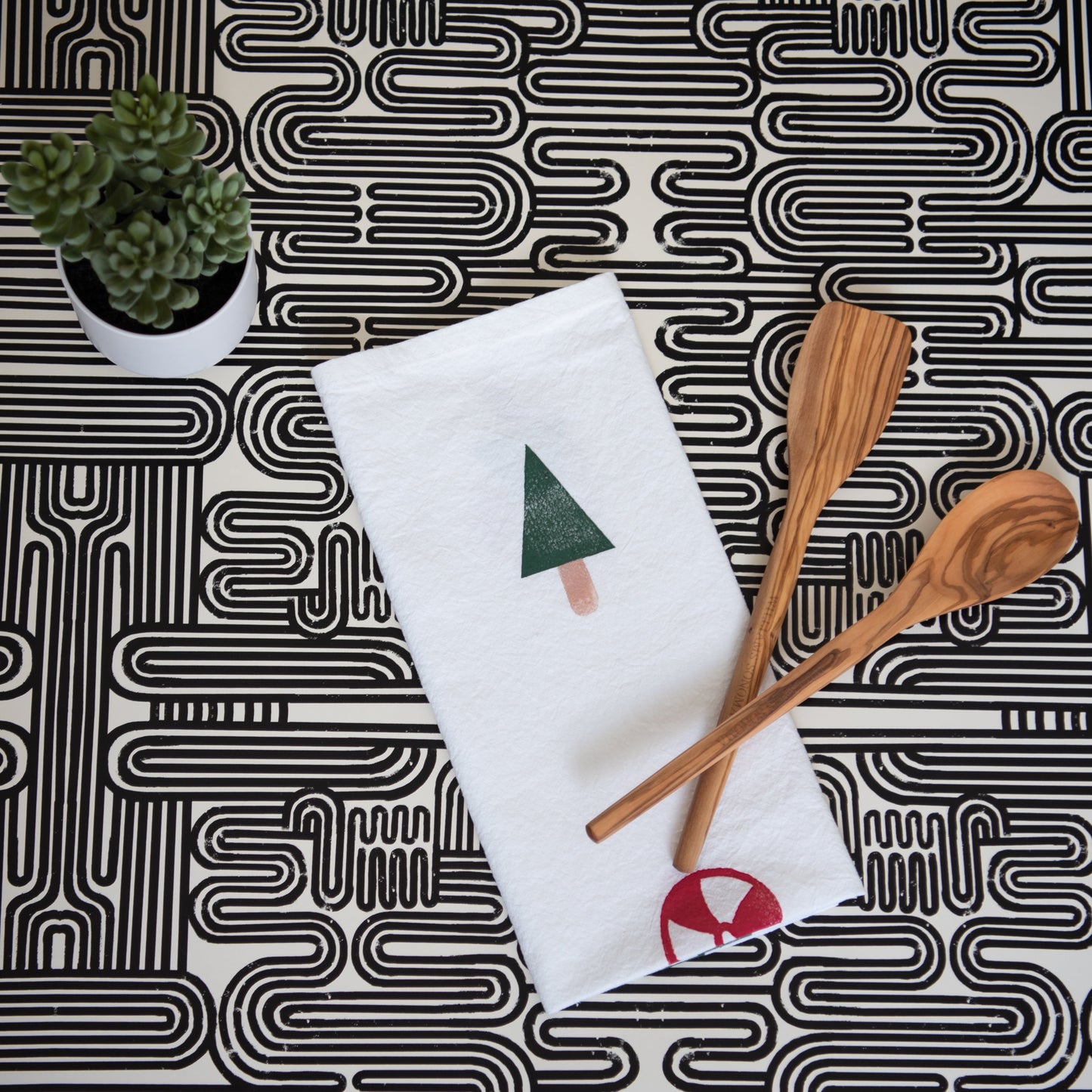 Block-Printed Candy Cane & Christmas Tree Flour Sack Kitchen Towel