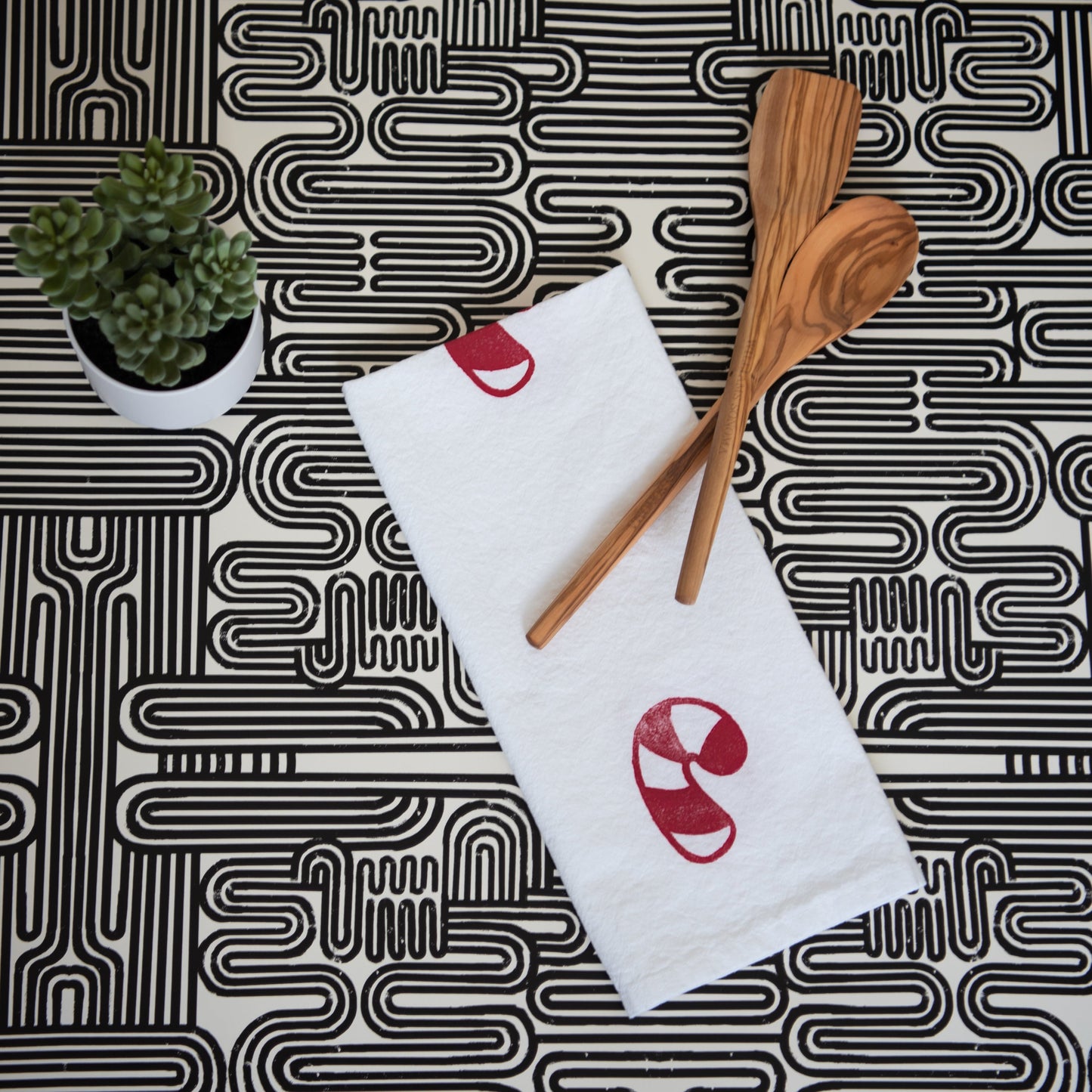 Block-Printed Candy Cane Flour Sack Kitchen Towel