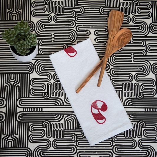Block-Printed Candy Cane Flour Sack Kitchen Towel