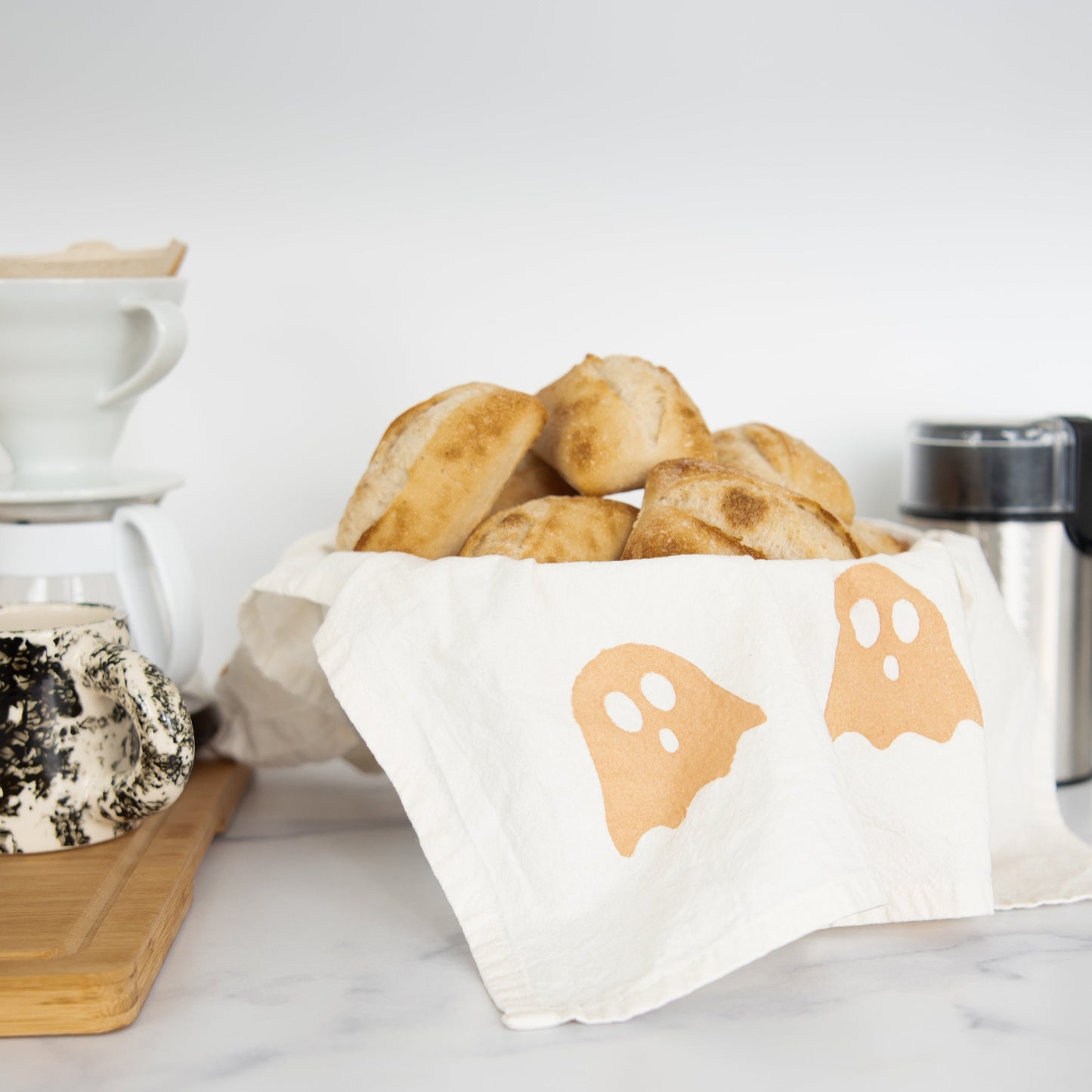 Block-Printed Ghosts Flour Sack Kitchen Towel - Orange