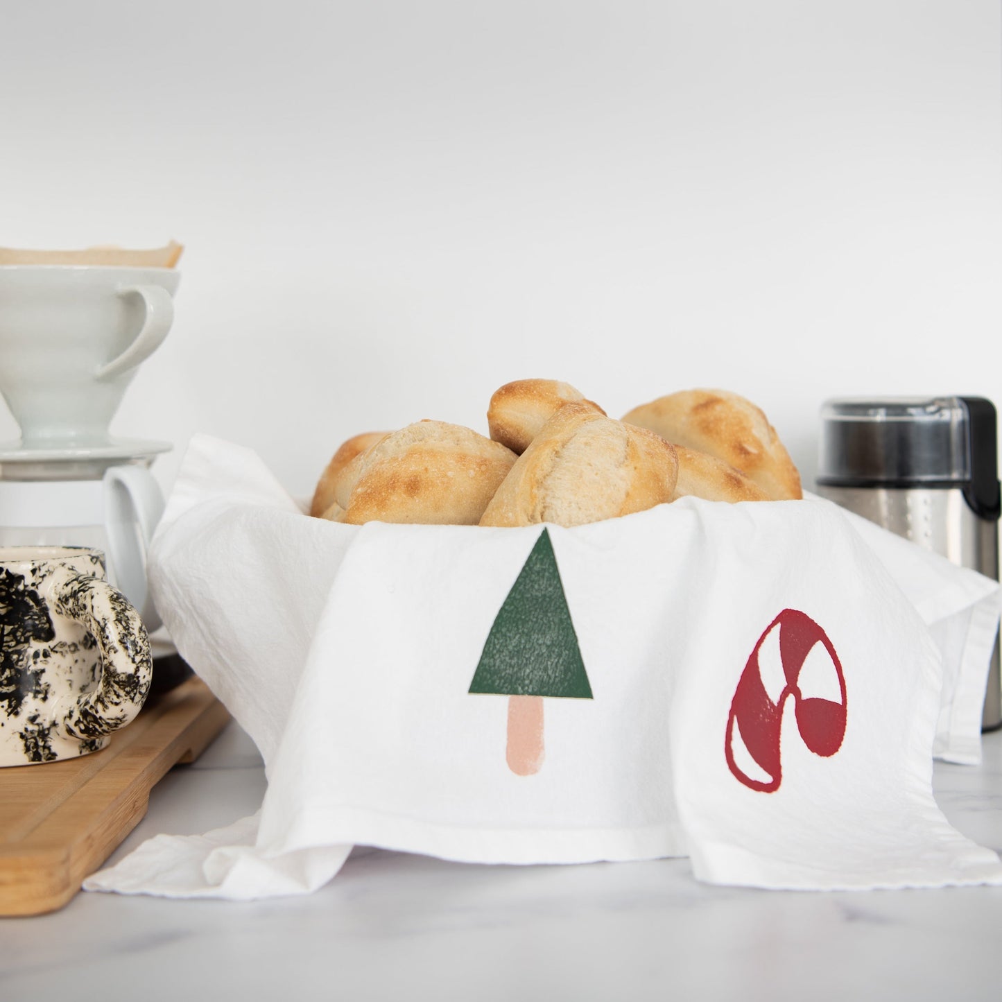 Block-Printed Candy Cane & Christmas Tree Flour Sack Kitchen Towel