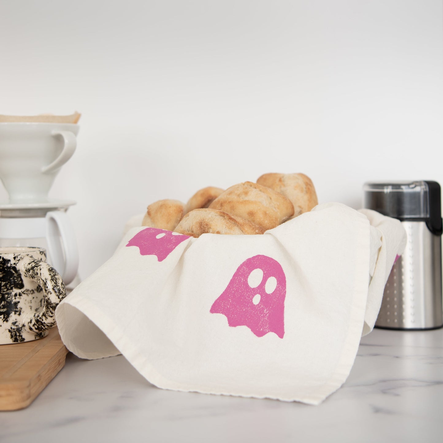 Block-Printed Ghosts Flour Sack Kitchen Towel  - Pink