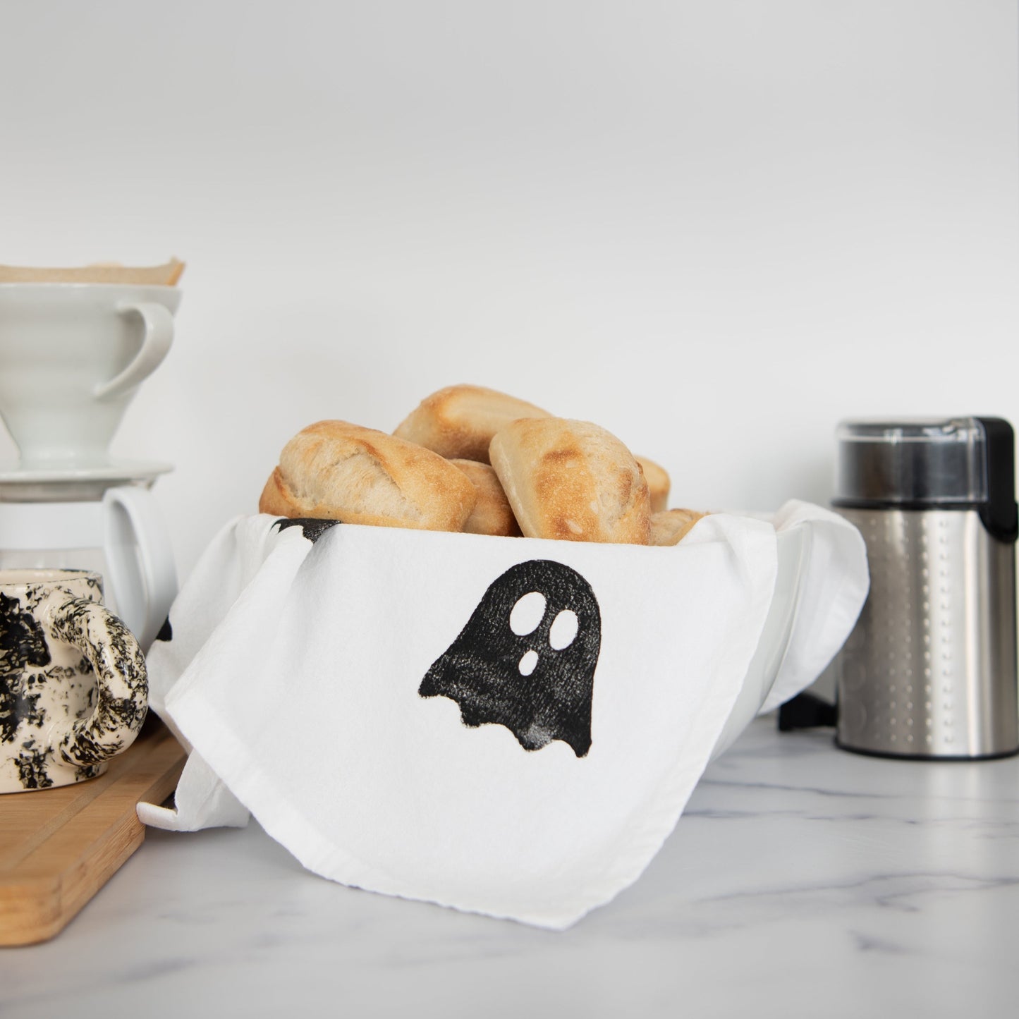 Block-Printed Ghosts Flour Sack Kitchen Towel - Black