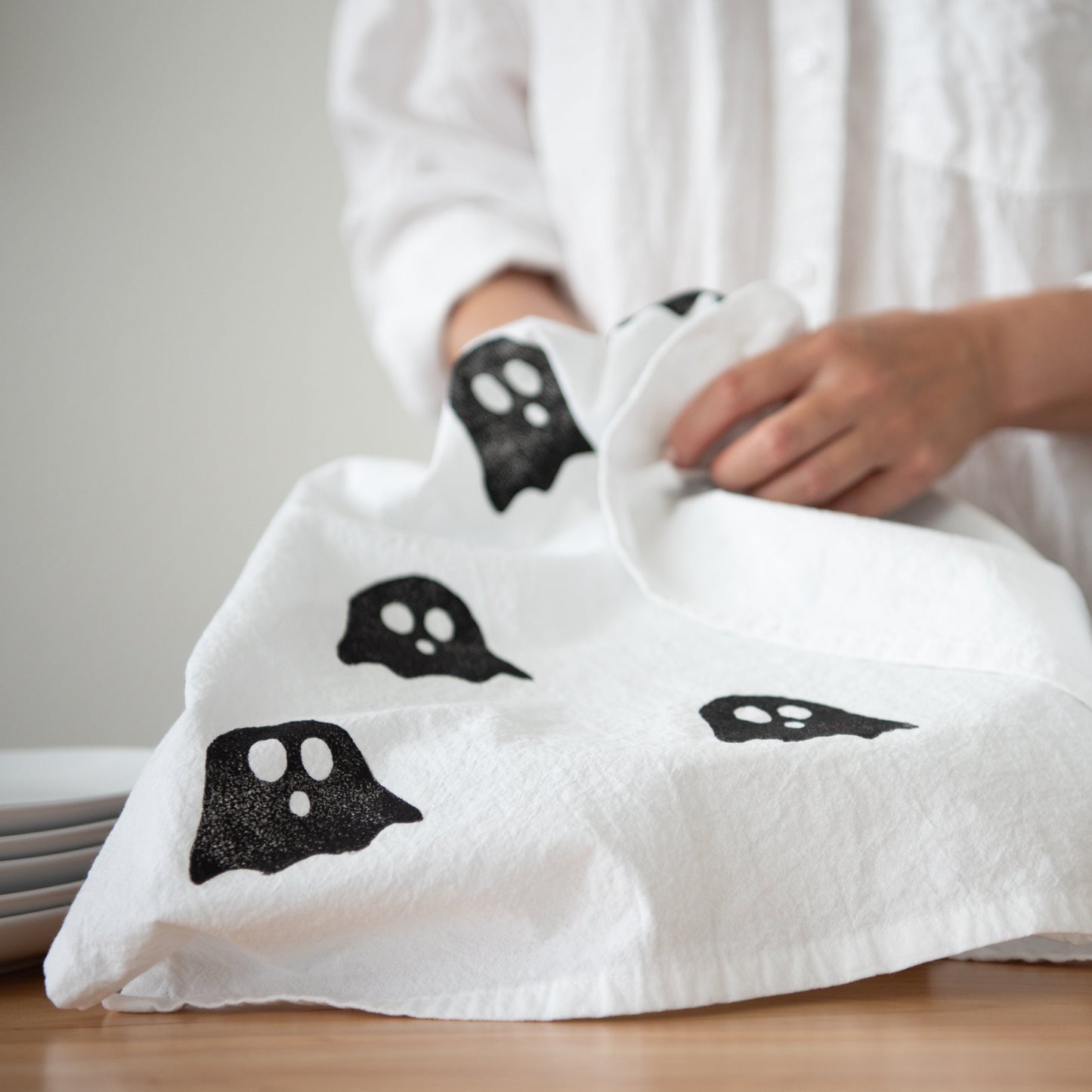 Block-Printed Ghosts Flour Sack Kitchen Towel - Black