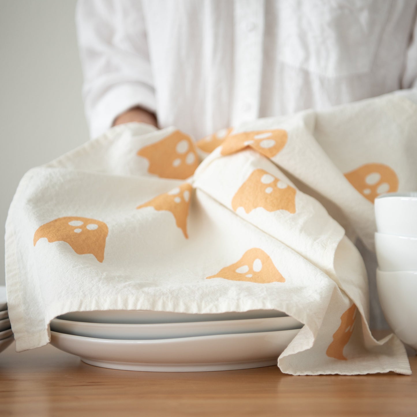 Block-Printed Ghosts Flour Sack Kitchen Towel - Orange