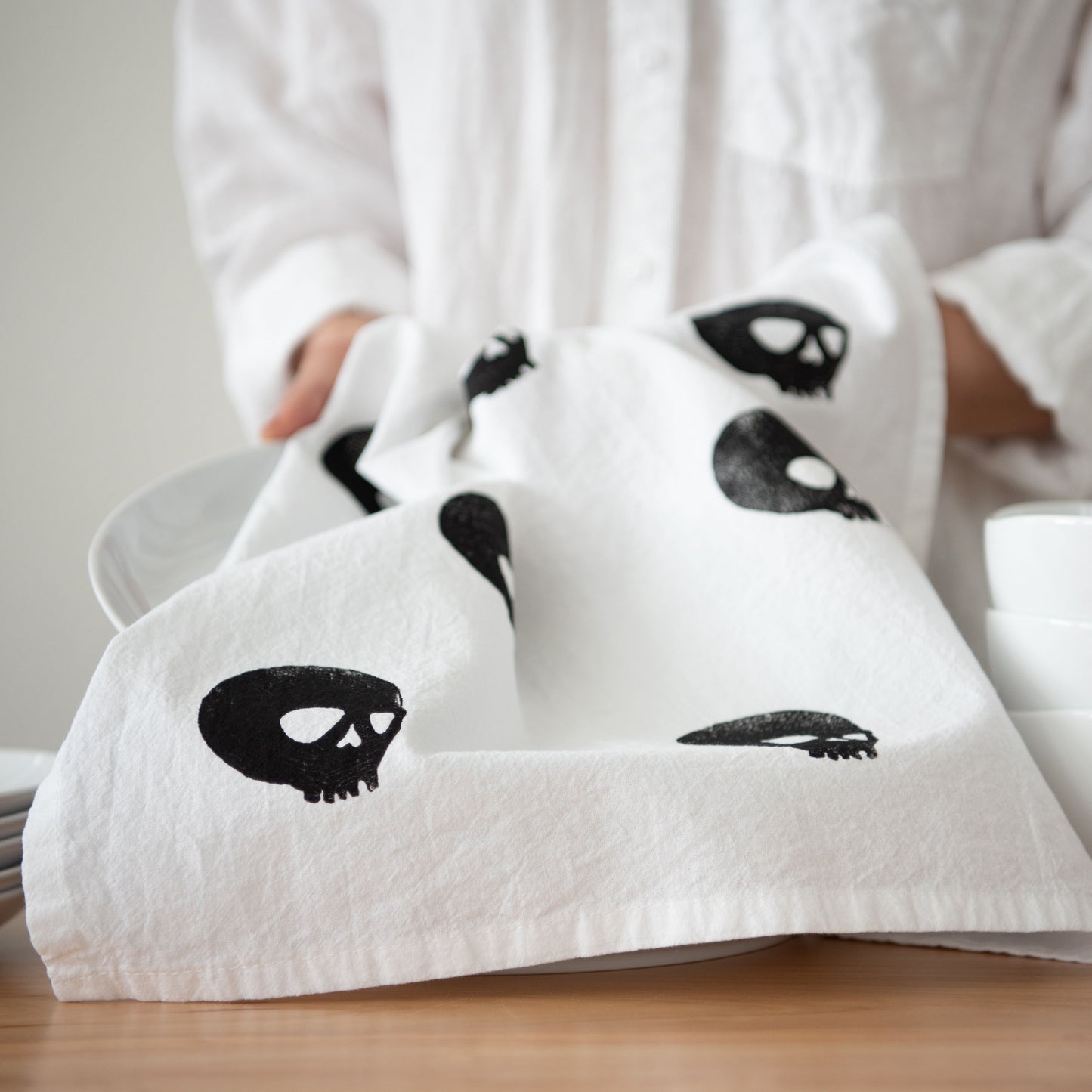 Block-Printed Skulls Flour Sack Kitchen Towel