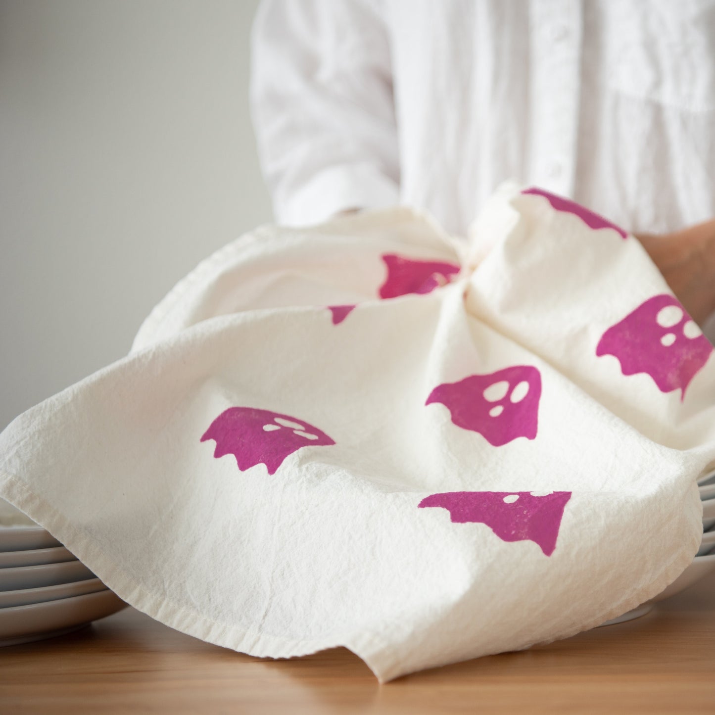 Block-Printed Ghosts Flour Sack Kitchen Towel  - Pink