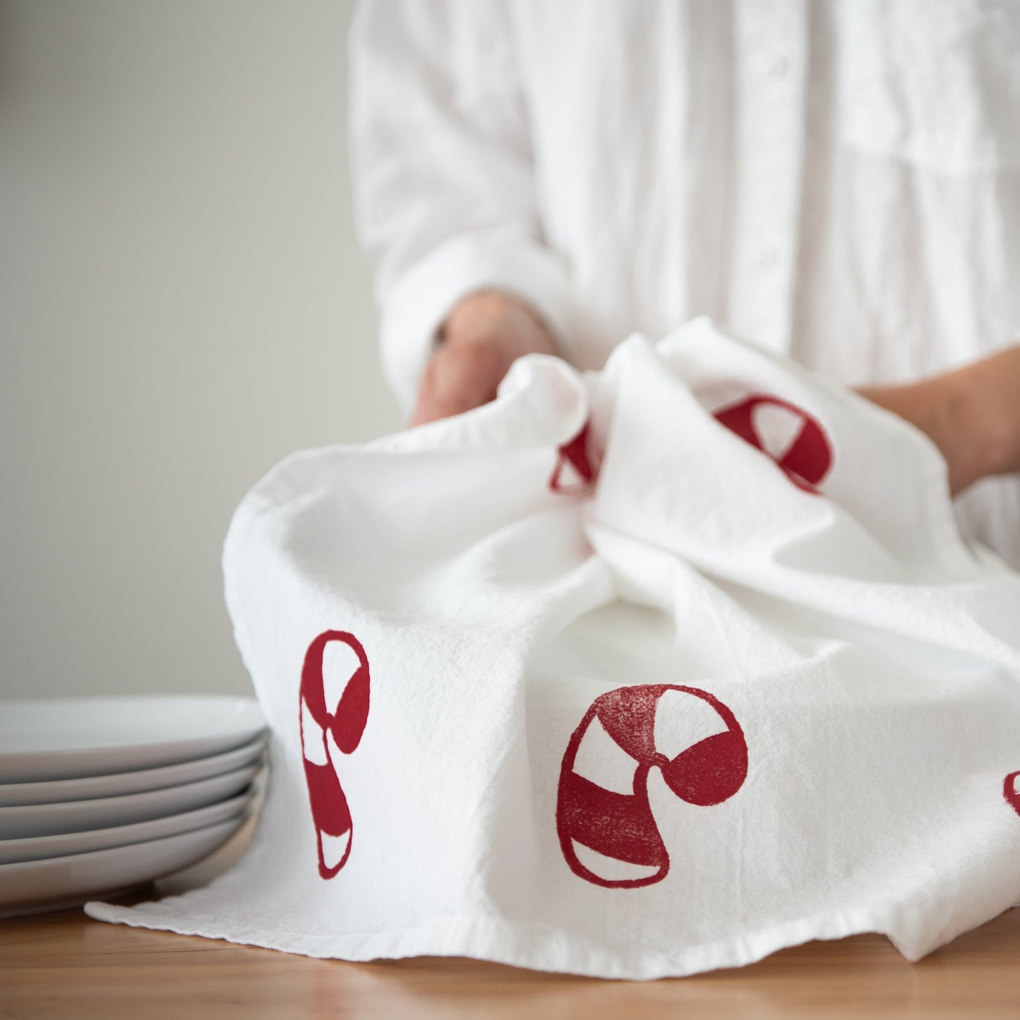 Block-Printed Candy Cane Flour Sack Kitchen Towel