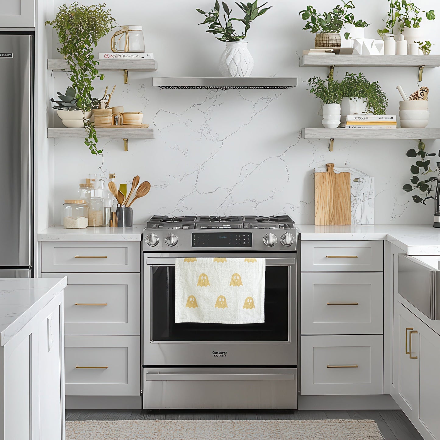 Block-Printed Ghosts Flour Sack Kitchen Towel - Orange