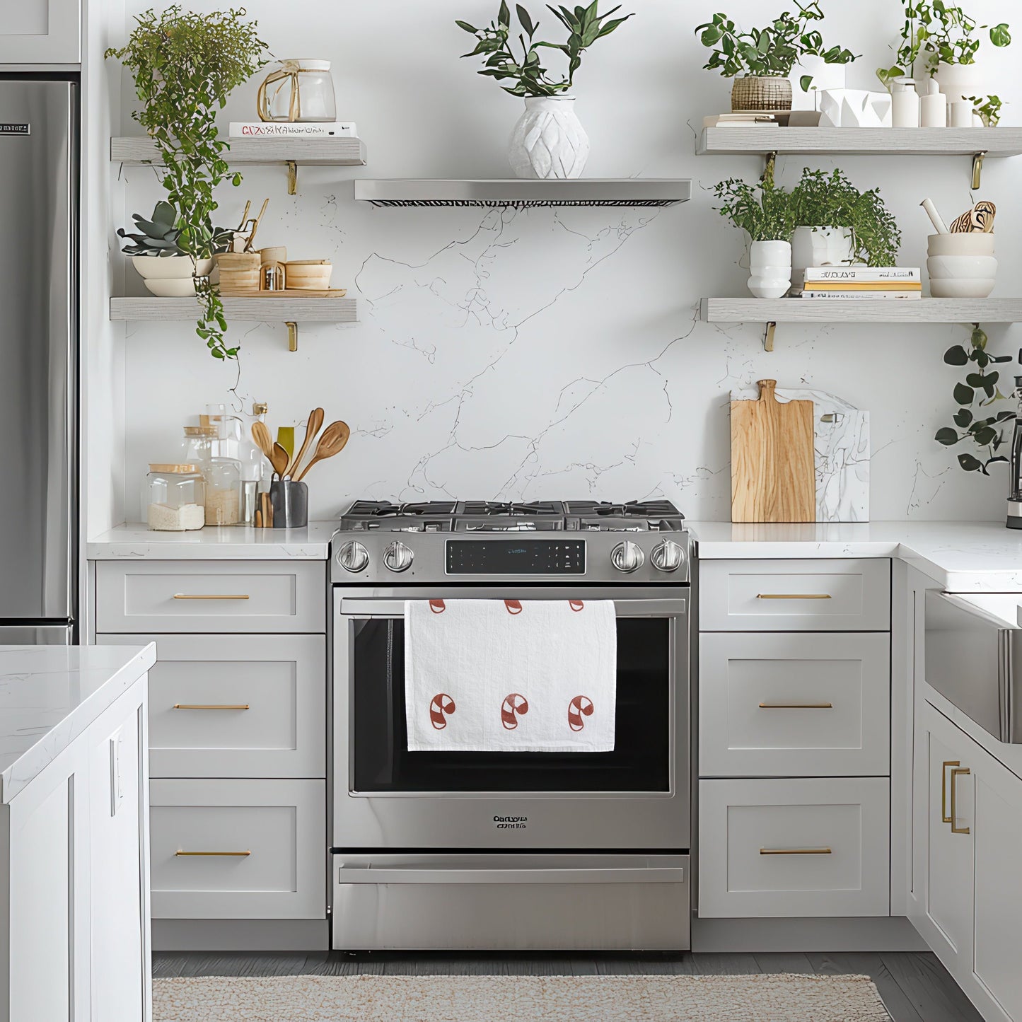 Block-Printed Candy Cane Flour Sack Kitchen Towel