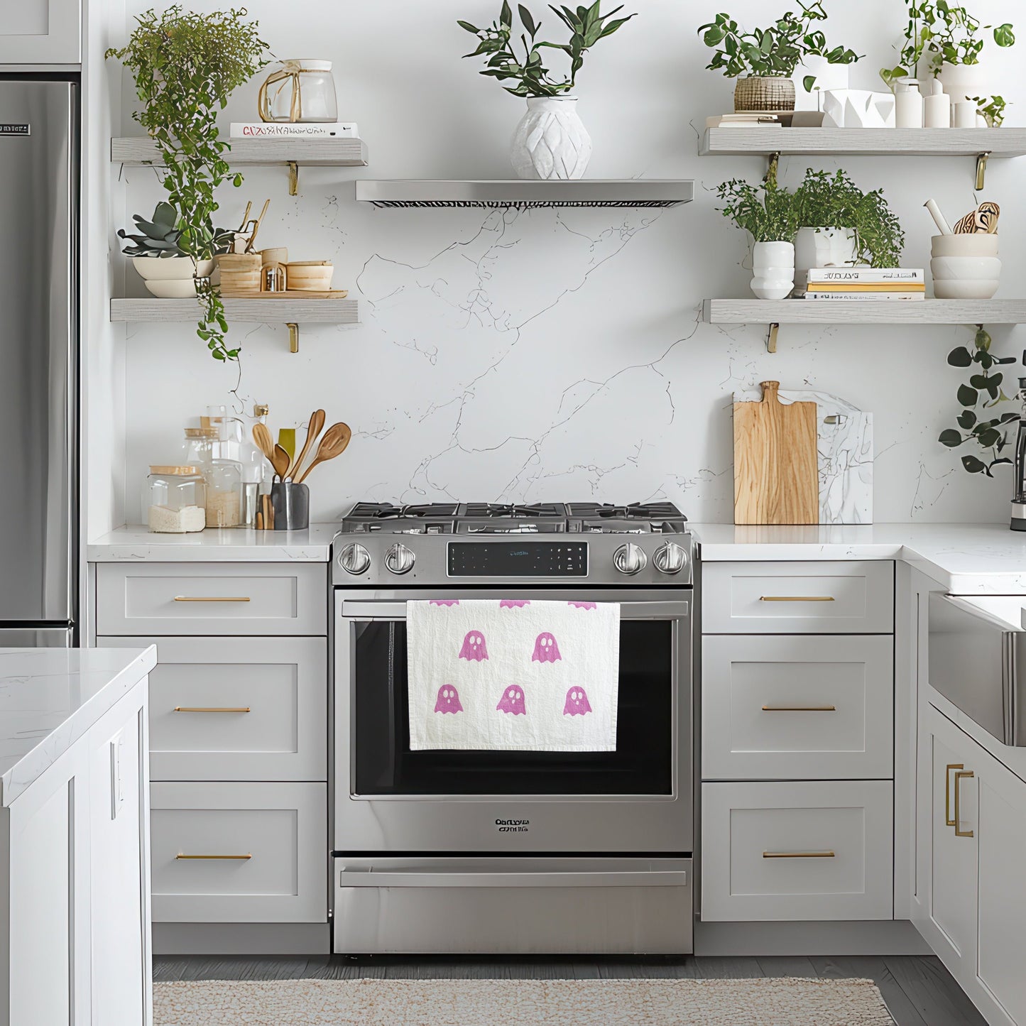 Block-Printed Ghosts Flour Sack Kitchen Towel  - Pink