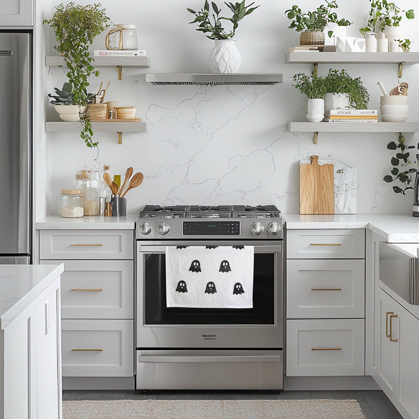 Block-Printed Ghosts Flour Sack Kitchen Towel - Black